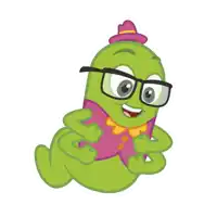 a green cartoon character wearing glasses and a pink shirt