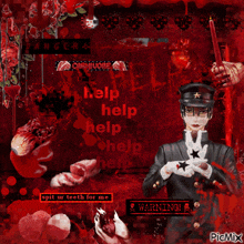 a man holding a candle in front of a red background that says help help help help