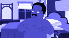 a cartoon character with a mustache is standing in front of a bed with a global hd box behind him