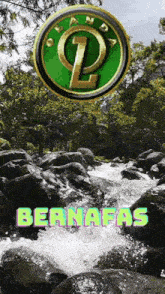 a river flowing through a forest with trees and rocks and a logo in the background .