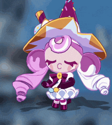 a cartoon character with purple hair and the letter c on her chest