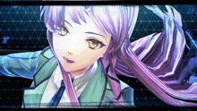 a girl with long purple hair says " keep going " in a video game