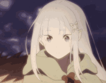 a close up of a girl with white hair and a flower in her hair
