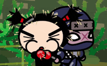 a cartoon of a girl holding a red apple next to a ninja