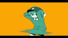 a drawing of a girl wearing a green dress and hat
