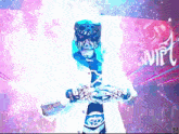 a man in a mask holds a sword in front of a sign that says swift