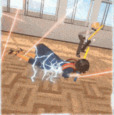 a girl laying on the floor with lightning coming out of her dress