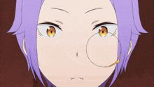 a close up of a person 's face with purple hair and brown eyes