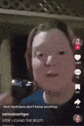 a screenshot of a person 's face with the caption " and youtubers don 't know anything corinabootger "
