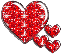 three red hearts are surrounded by glitter and stars