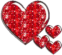 three red hearts are surrounded by glitter and stars