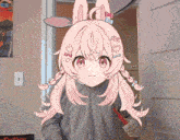 a girl with pink hair is holding a knife in front of a door that says daddy on it