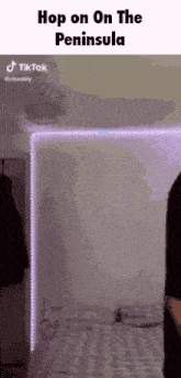 a tiktok video of a person dancing in a bedroom with purple lights on the wall .
