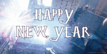 a happy new year greeting card with a fireworks display in the background