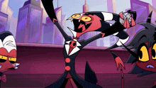 a cartoon character is holding a microphone in his hand while another character looks on .