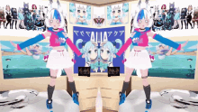 a girl in a pink and blue outfit is standing in front of a sign that says " aqua "