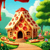 a cartoon illustration of a pizza house with pepperoni on it