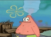 patrick star from spongebob squarepants has a bottle of water coming out of his mouth