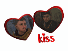 two hearts with a picture of a man and the word kiss on the bottom