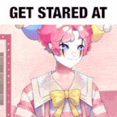 a girl in a clown costume with the words get stared at below her