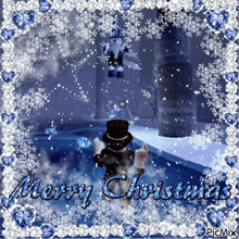 a merry christmas greeting card with a snowman in the background