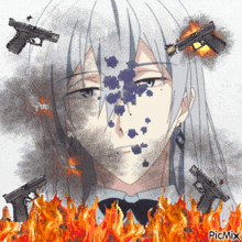 a picture of a man with guns on his face and the words picmix below it