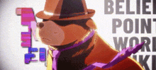 a stuffed animal is wearing a top hat and sunglasses and holding a sword .
