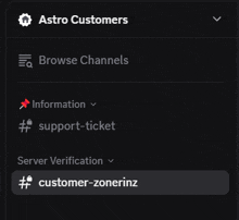 a screenshot of the astro customers page with a hashtag customer-zonerinz