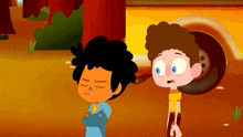 two cartoon characters are standing next to each other in front of a yellow vehicle