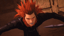 a cartoon character with red hair is holding a sphere of fire in his hands