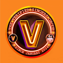 a logo for the verified singers group shows a neon letter v