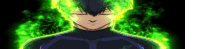 a close up of a person 's face with green flames coming out of their eyes .