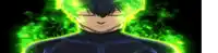a close up of a person 's face with green flames coming out of their eyes .