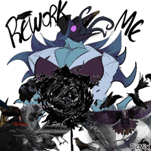 a drawing of a woman surrounded by birds with the words rework some me