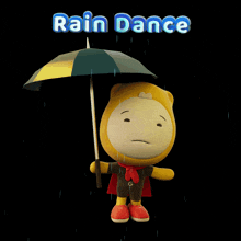 a cartoon character holding an umbrella with the words rain dance written above him