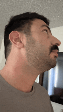 a man with a beard and mustache is looking up at something