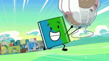 a book with a face and arms is holding a sundae