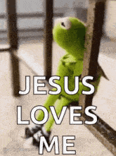 kermit the frog is sitting on a railing with the words `` jesus loves me '' .