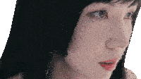 a close up of a woman 's face with black hair and red lips
