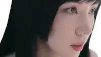 a close up of a woman 's face with black hair and red lips