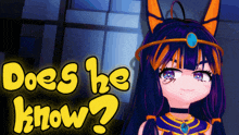 a girl with a crown on her head stands in front of a sign that says " does he know "