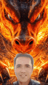 a man stands in front of a fire dragon