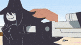 a black and white cartoon character is standing next to a large gun .