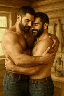 two shirtless men are hugging each other in front of a lantern