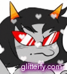 a cartoon cat with red eyes and horns is wearing sunglasses .