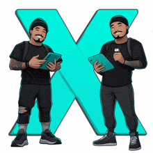 a cartoon drawing of two men standing next to each other in front of an x