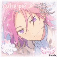 a picture of a girl with purple eyes and the words cutie pie my little angel