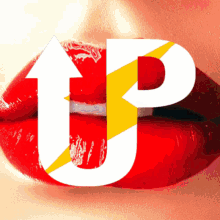 a close up of a woman 's red lips with a lightning bolt and the letter up