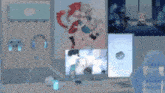 a blurred image of a room with two computer monitors and a chair .