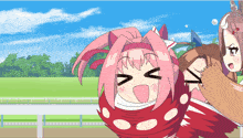 a cartoon drawing of a girl with pink hair making a face